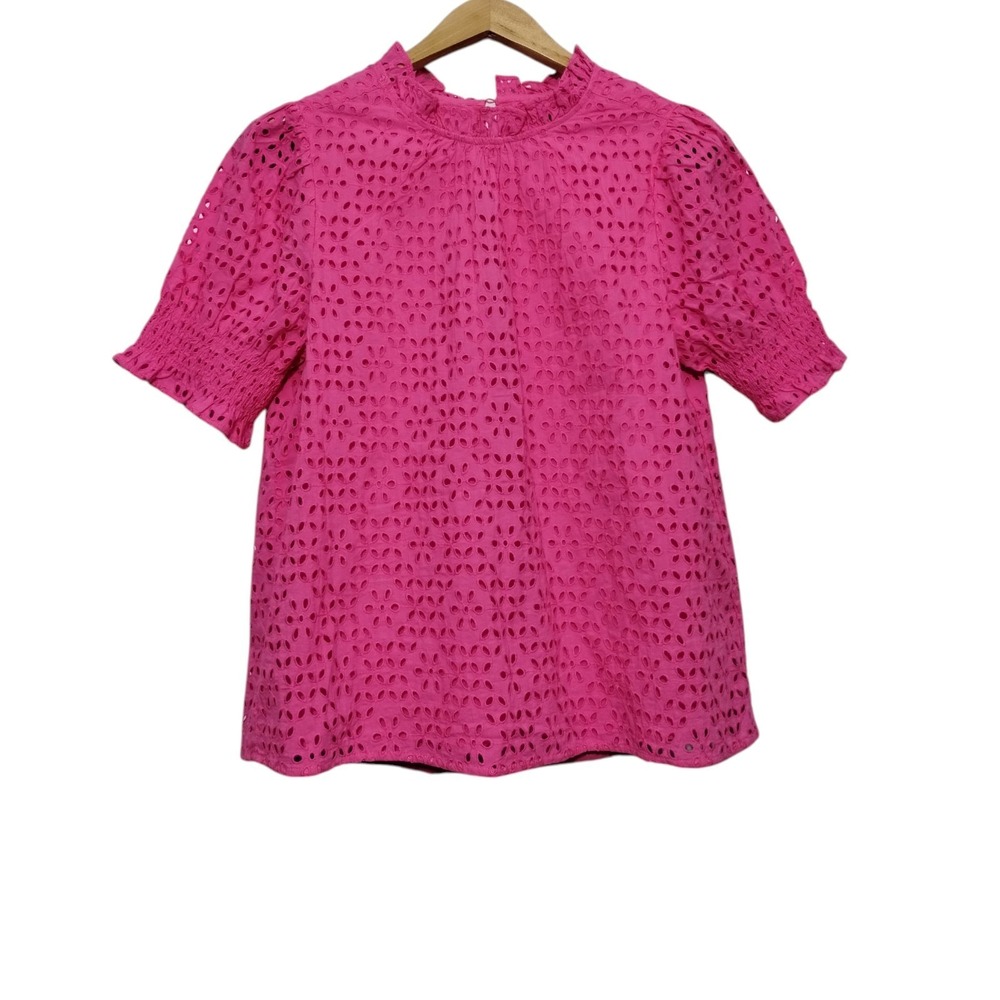 J. Crew Smocked‎ Puff Sleeve Top Women's M Pink Eyelet Boho Cottage